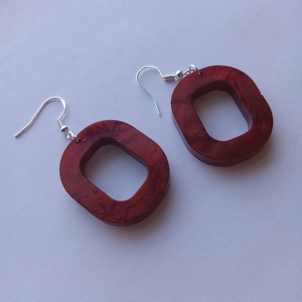 5/$50 Hand crafted red resin oval earrings holiday Christmas minimalist
